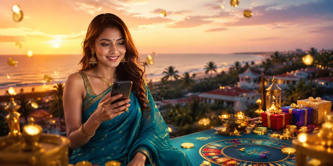 Young woman enjoying Andar Bahar game on smartphone at Goa beach